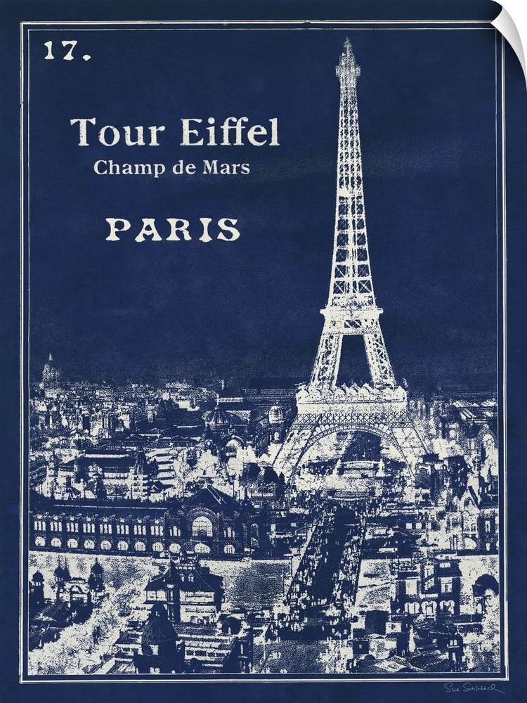 Vintage style travel blueprint of the Eiffel Tower in Paris.