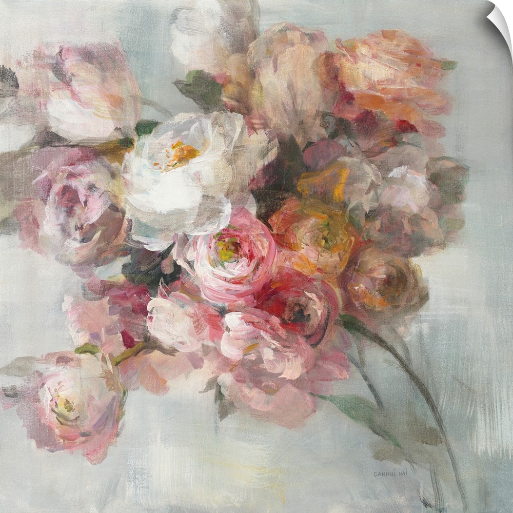 Soft delicate brush strokes create a bouquet of warm colored flowers in this contemporary artwork.