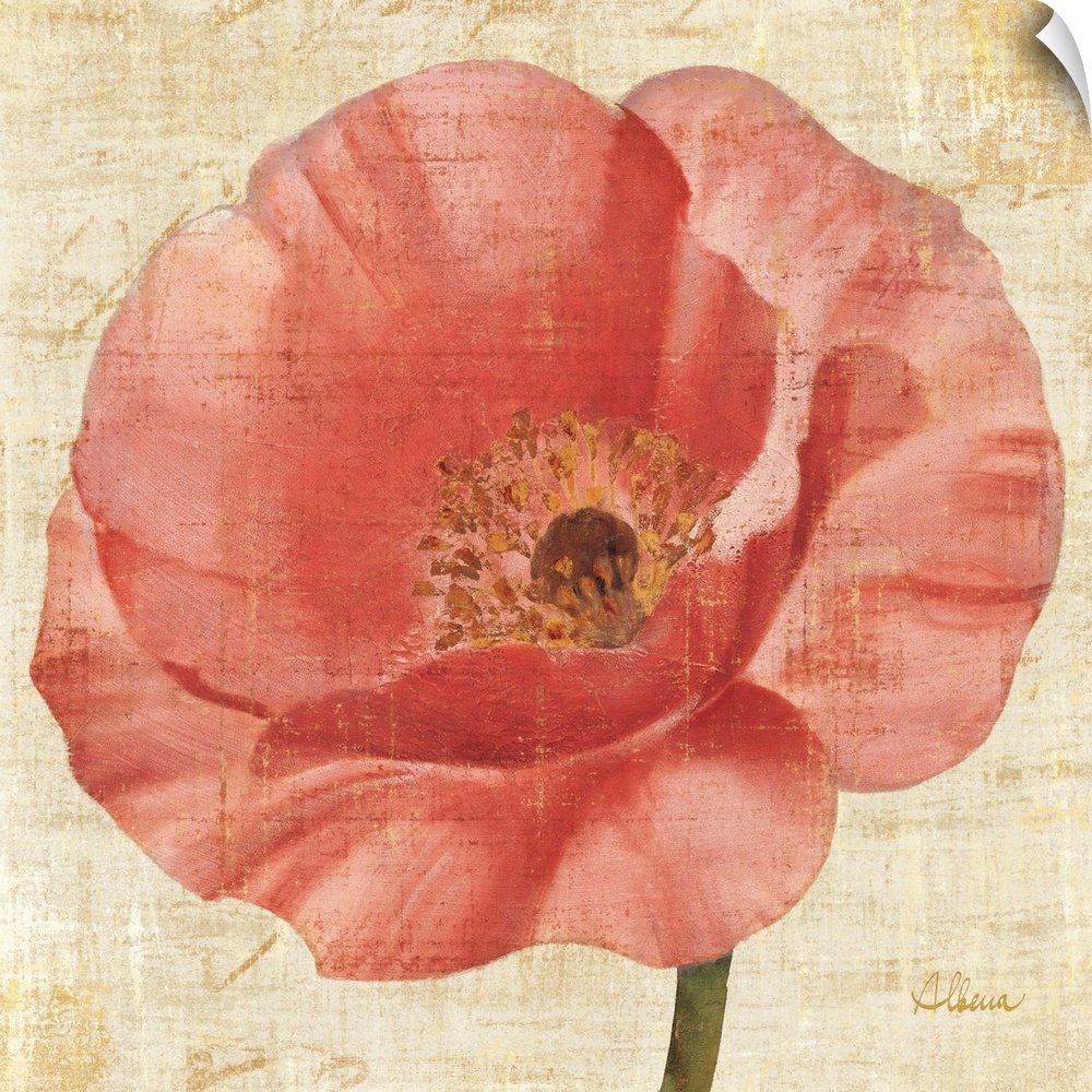 Contemporary artwork of a blooming pink flower close-up in the frame of the image.