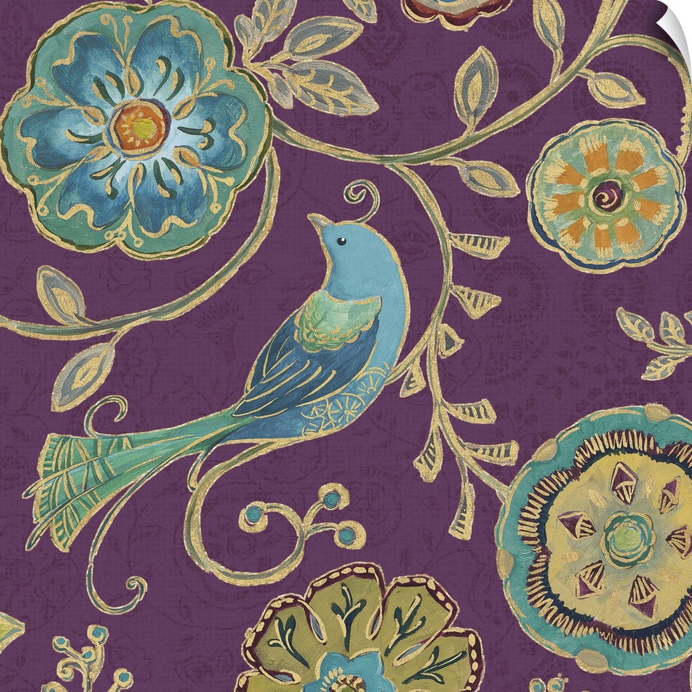 Gold trimmed bird and flowers on a purple floral background.