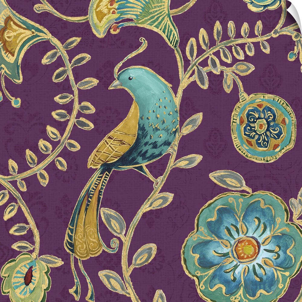 Gold trimmed bird and flowers on a purple floral background.