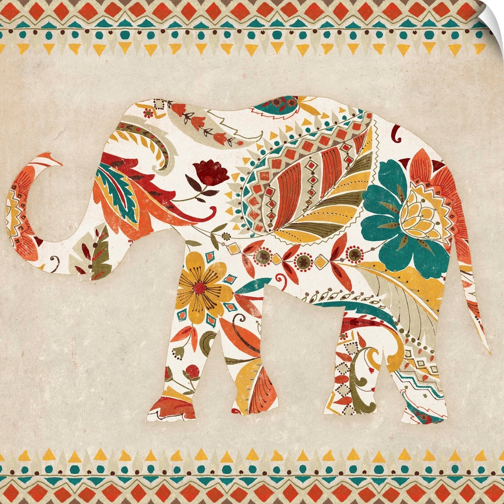 Contemporary home decor artwork of an elephant in an ornate and decorative floral pattern.