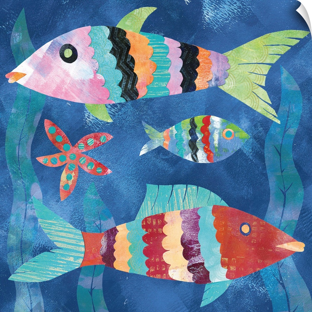 A collage of three colorful fish and a starfish with seaweed in the background made with mixed media.