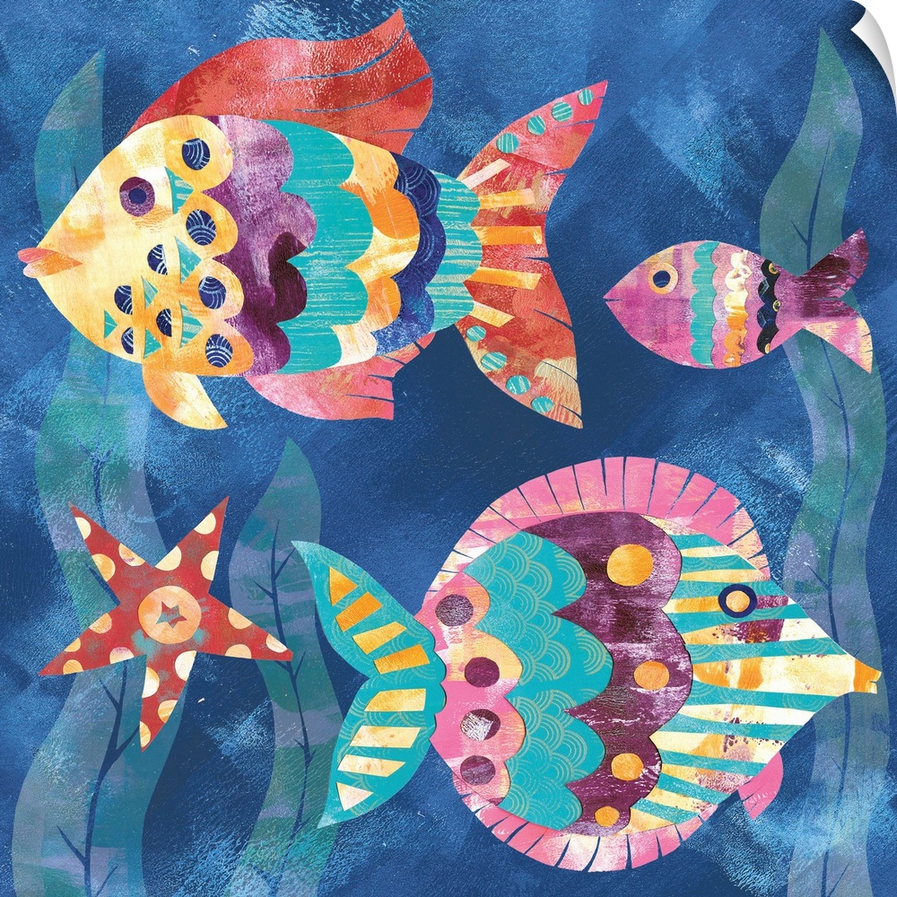 A collage of three colorful fish and a starfish with seaweed in the background made with mixed media.