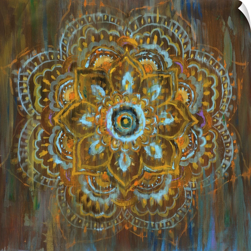 Square abstract painting of a flower mandala with blue, orange, yellow, and brown hues and hints of green and purple.