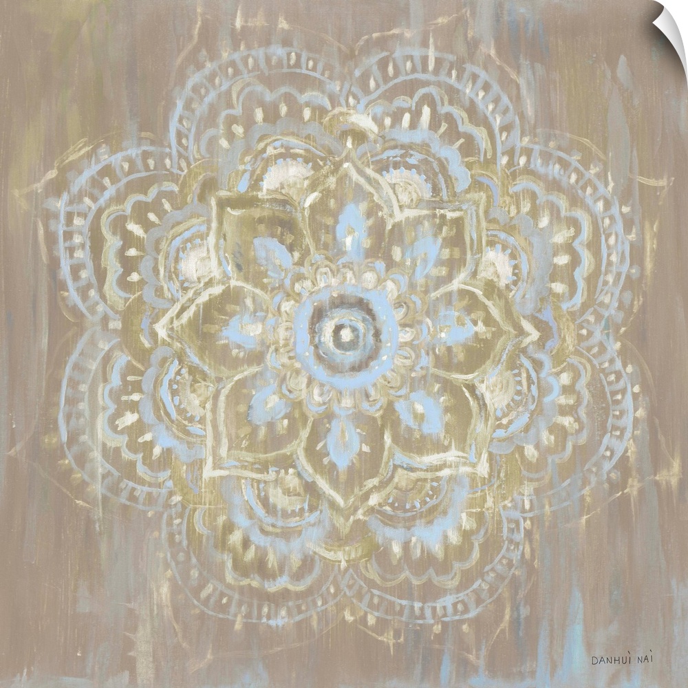 Square decorative artwork of a Mandala style circle on a textured brown background.