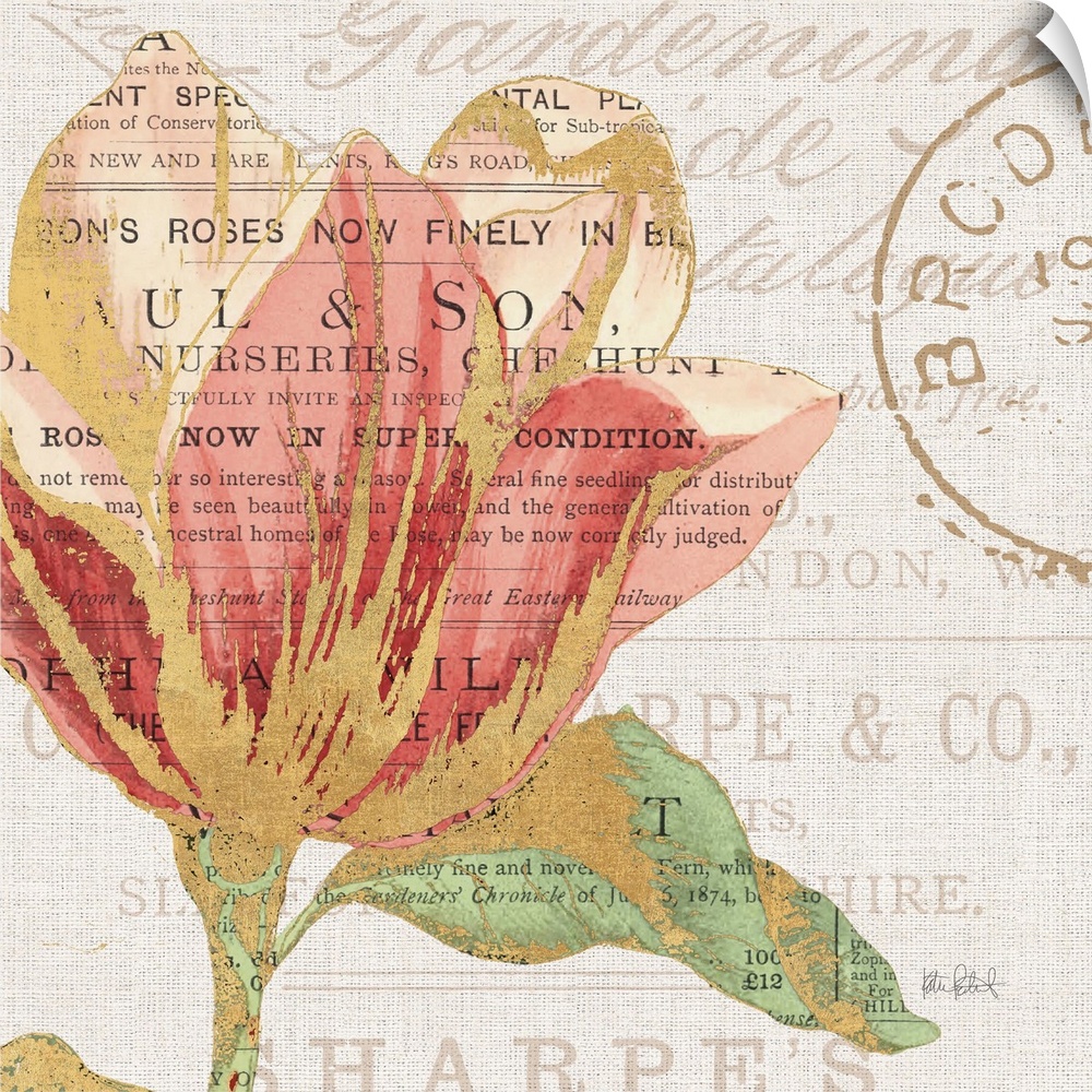 Square print of a pink and gold flower on a faded text background created with mixed media.