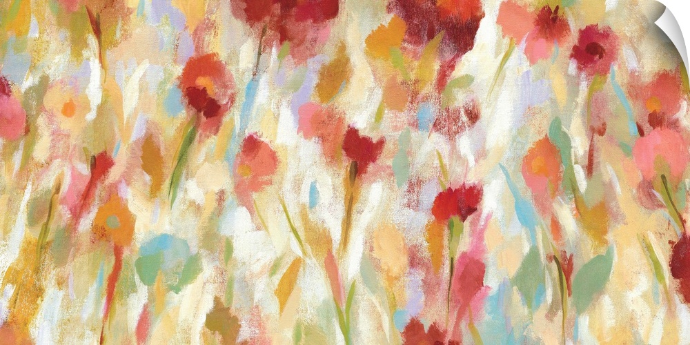 Contemporary painting of red flowers in a garden.