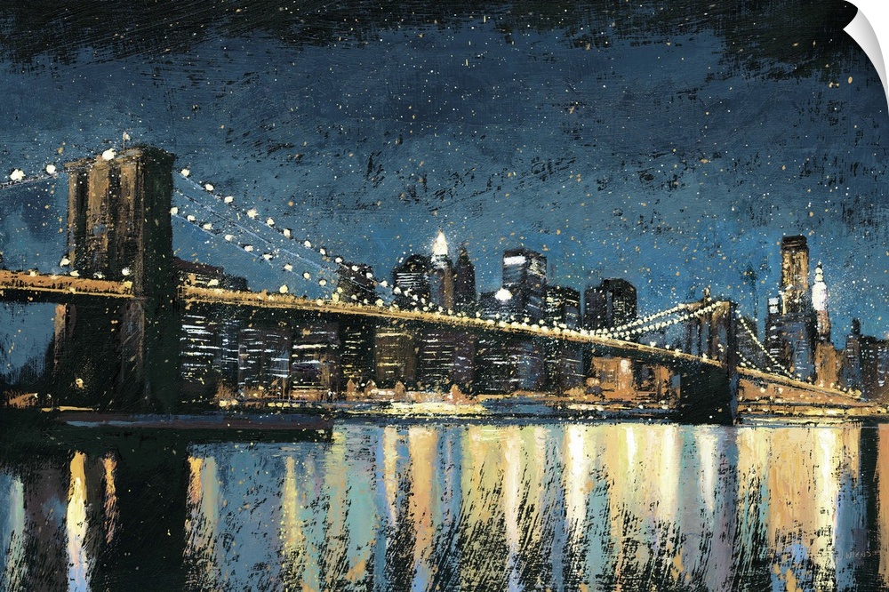 Contemporary painting of the Brooklyn Bridge at night with the water reflecting the city lights.