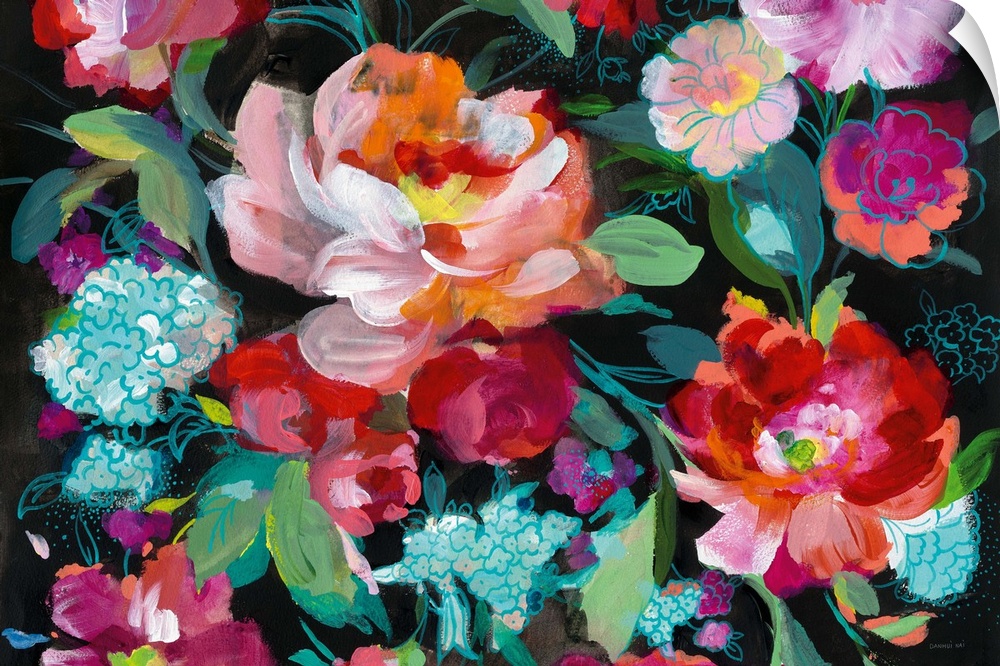 Contemporary painting of bright florals on a black background.