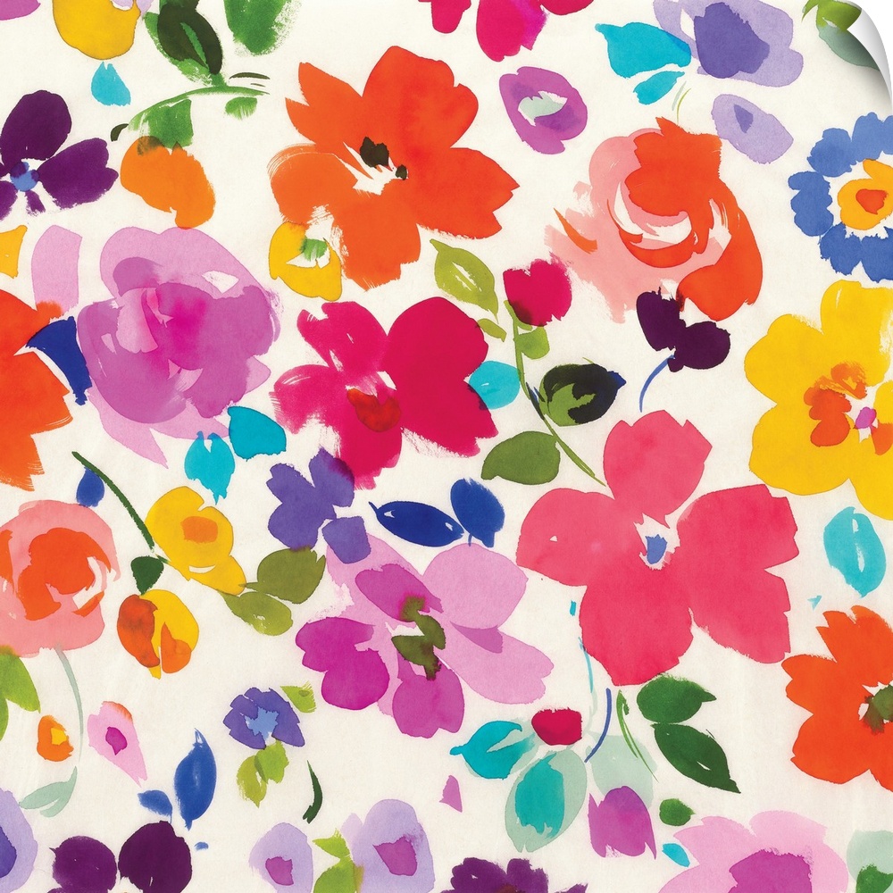 Colorful watercolor painting of summer flowers on white.