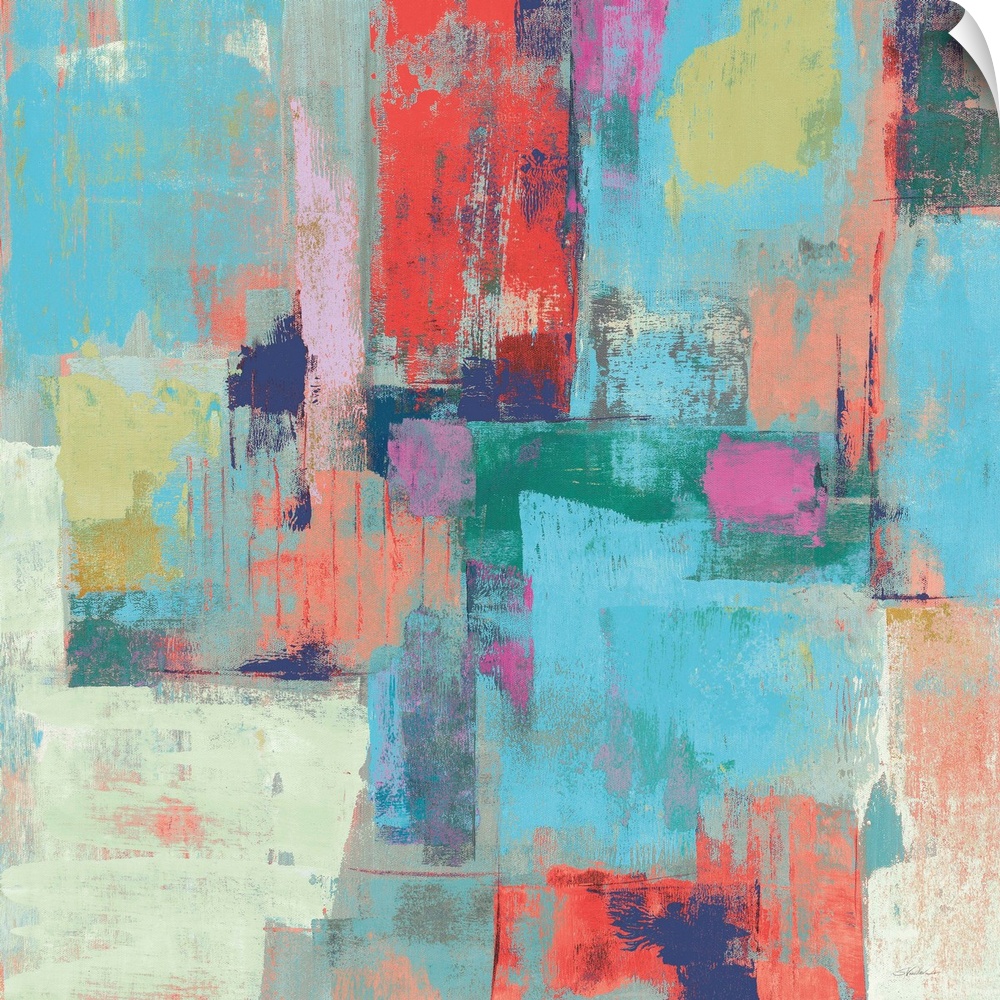 Colorful abstract painting with layers of color on a square canvas.
