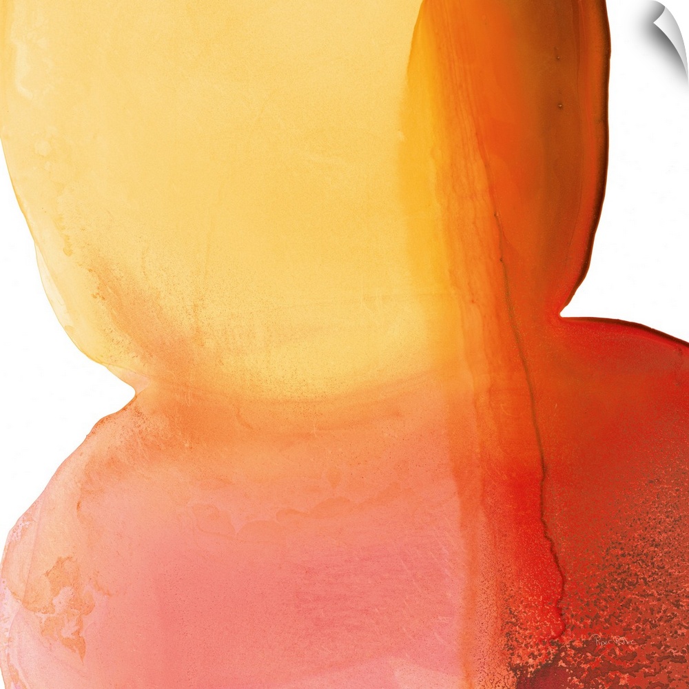 An organic contemporary painting of large, rounded orange shapes on a white background