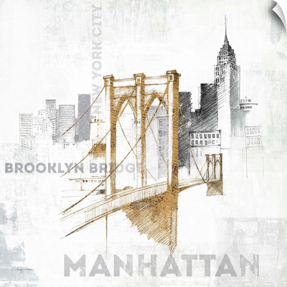 Sketches of the Brooklyn Bridge and the New York skyline in metallic colors.