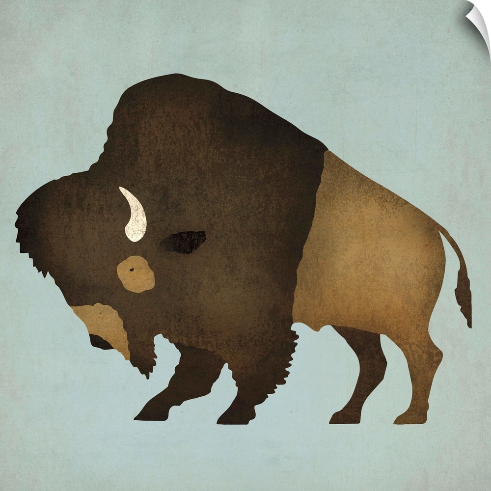Artwork of a furry buffalo with white horns on a pale blue background.