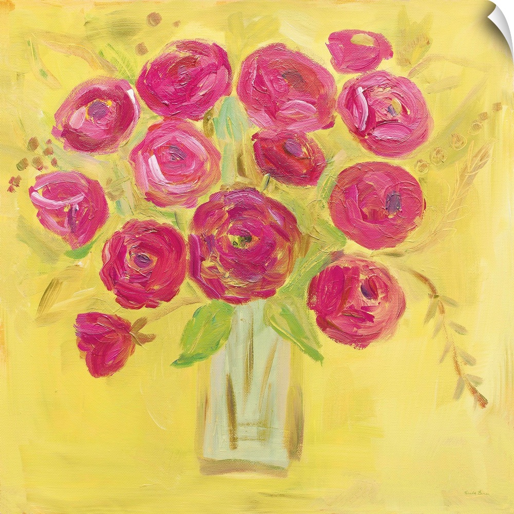 Square contemporary painting of bright pink poppies in a vase with a yellow background.
