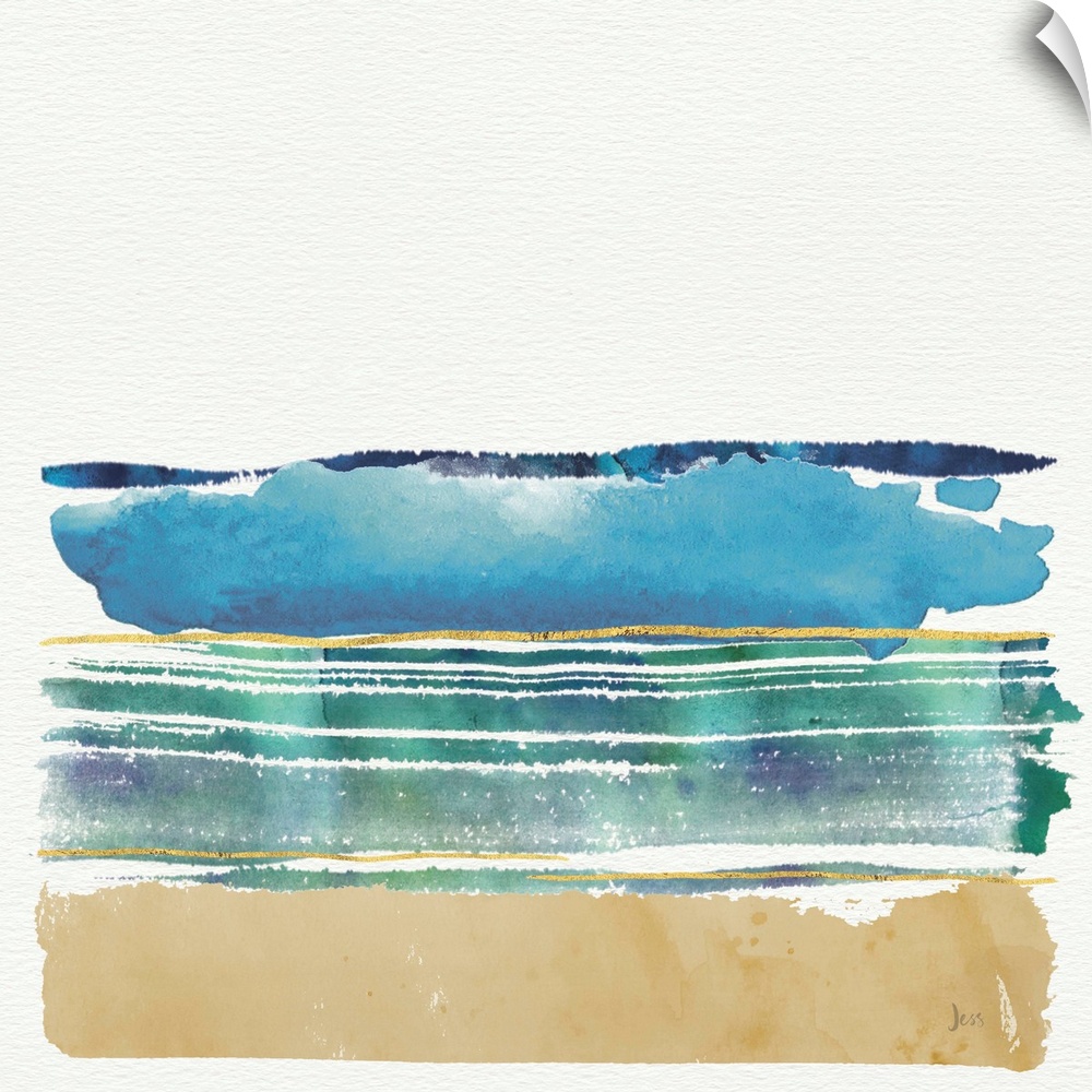 Watercolor painting of the ocean and sandy beach.
