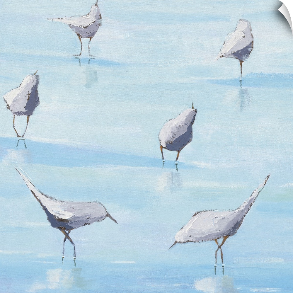 Square abstract painting of six shorebirds exploring the shallow ocean waters.