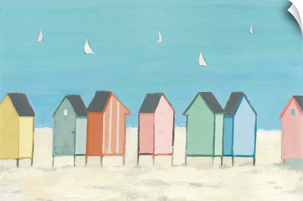 Decorative artwork of colorful sea shacks at the beach with sailboats floating in the distance.