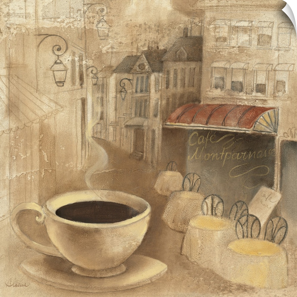 Decorative artwork perfect for the kitchen of a cafo with tables outside lining a street and a large cup of coffee drawn j...