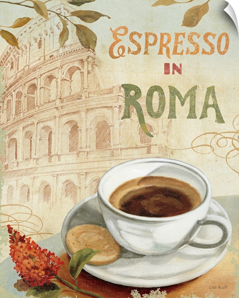 Large canvas art illustrates an advertisement for espresso set against a sketch of the Colosseum.  On the table next to th...