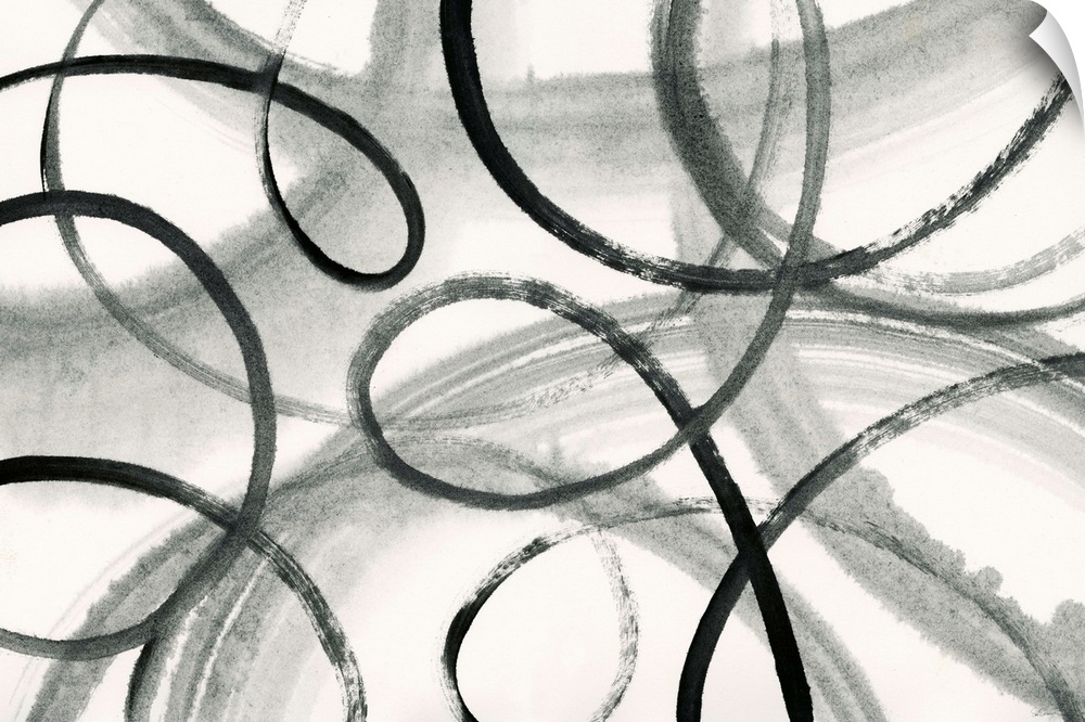 Black and white abstract painting with loop black lines on a faded background.