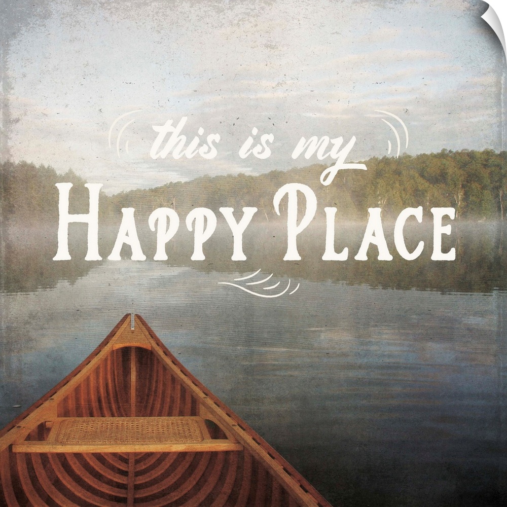 "This is My Happy Place" written over an illustration of a canoe on the lake.