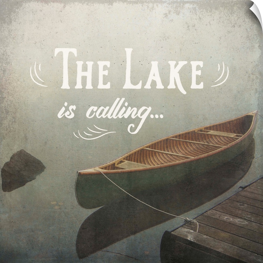 "The Lake is Calling" written over an illustration of a docked canoe on the lake.