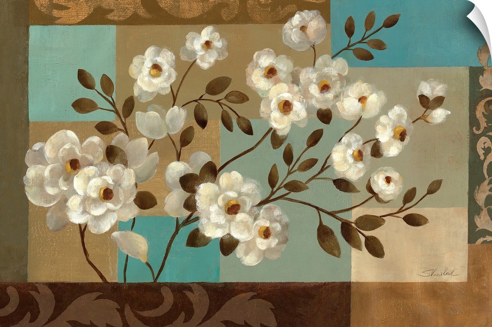 Horizontal, large artwork for a living room or office.  A cluster of white flowers with leaves on a collaged background of...
