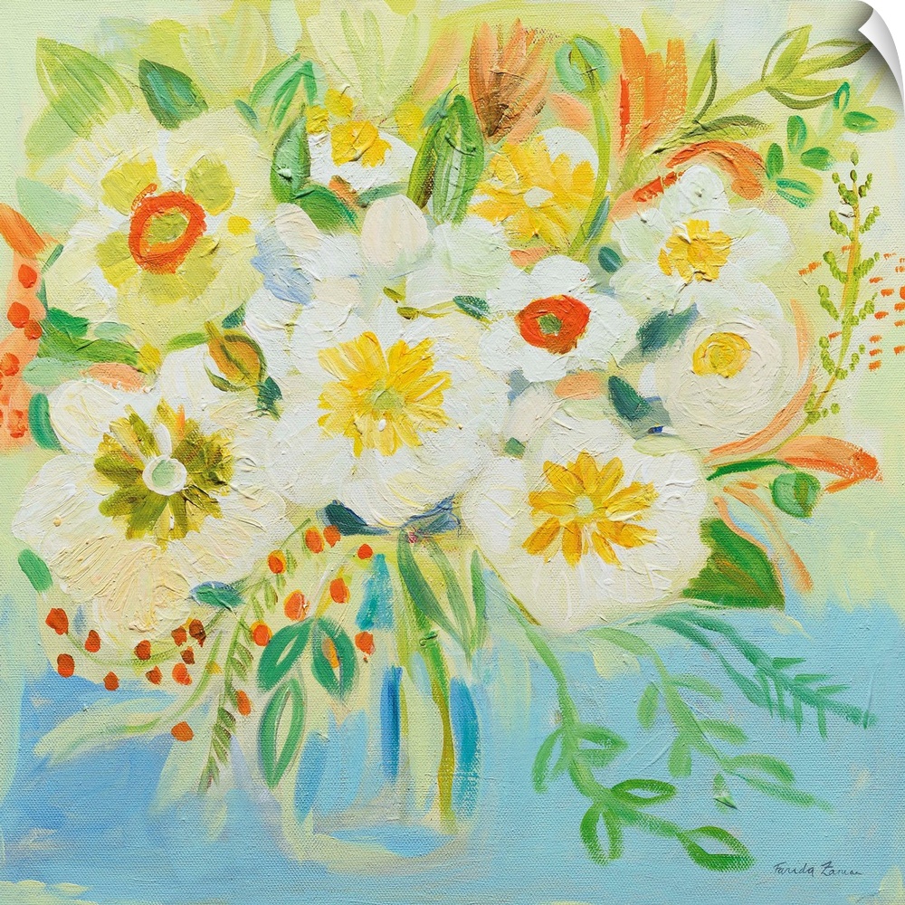 Square painting of an abstract bouquet of flowers in a vase with bright yellow, orange, blue, and green hues.