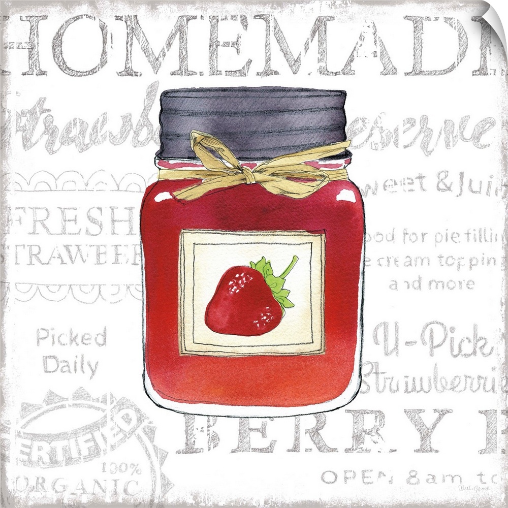 Square kitchen decor with a watercolor illustration of a jar of strawberry jam and black typography in the background.