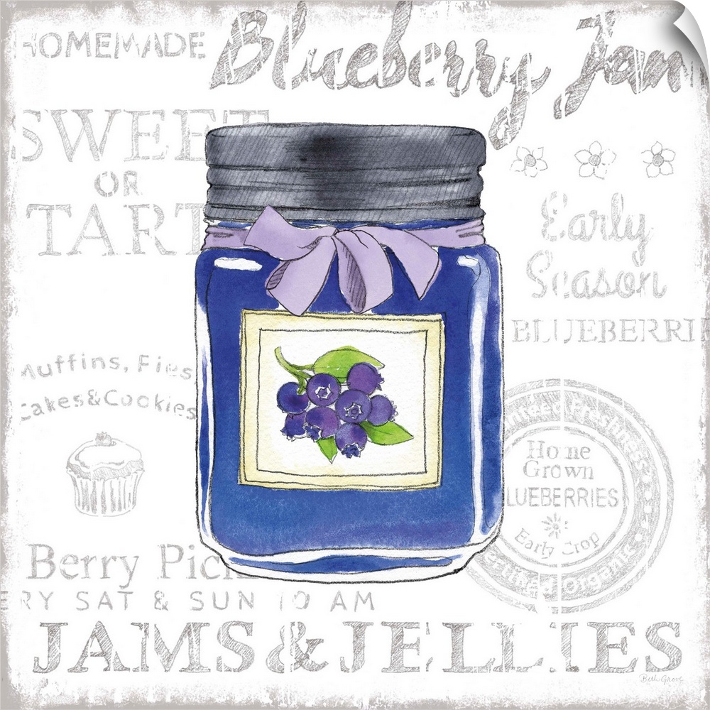 Square kitchen decor with a watercolor illustration of a jar of blueberry jam and black typography in the background.