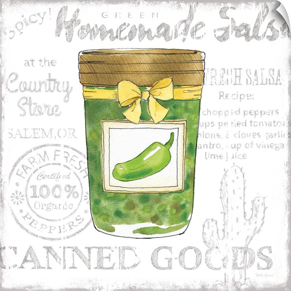 Square kitchen decor with a watercolor illustration of a jar of salsa verde and black typography in the background.