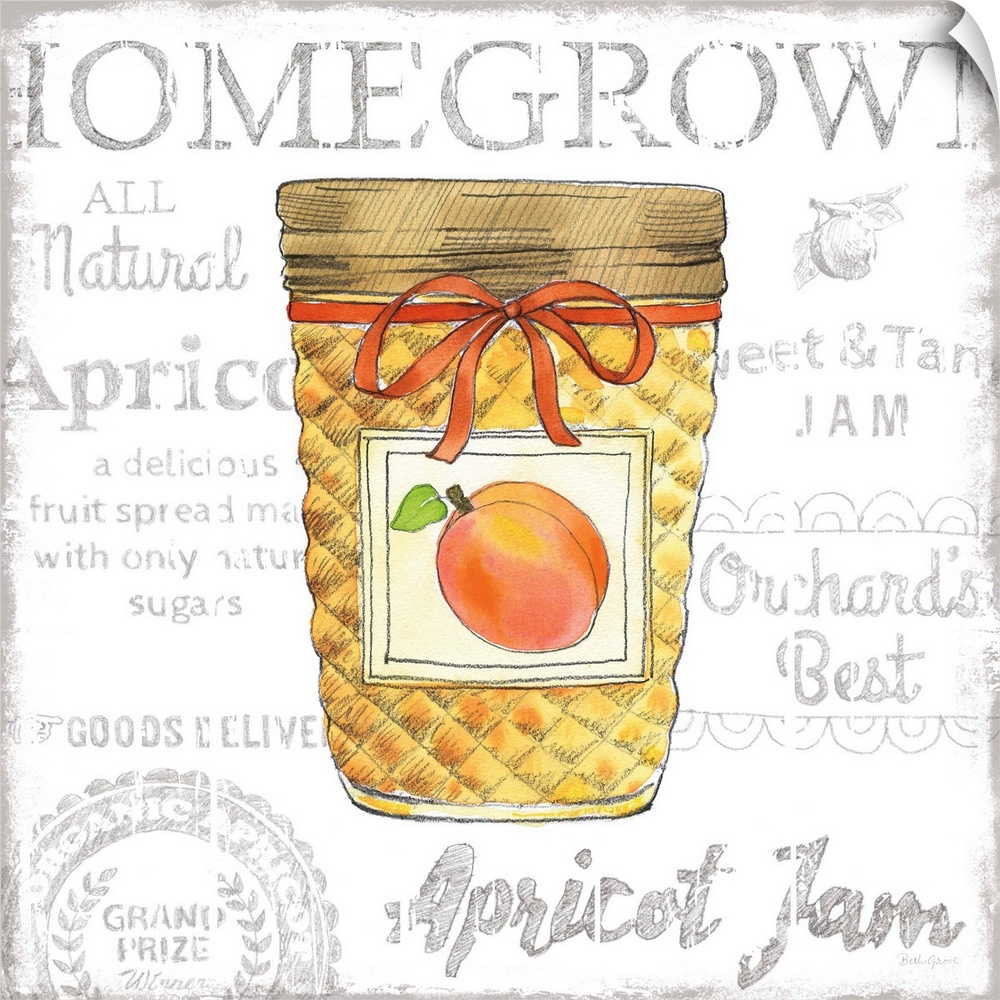 Square kitchen decor with a watercolor illustration of a jar of apricot jam and black typography in the background.