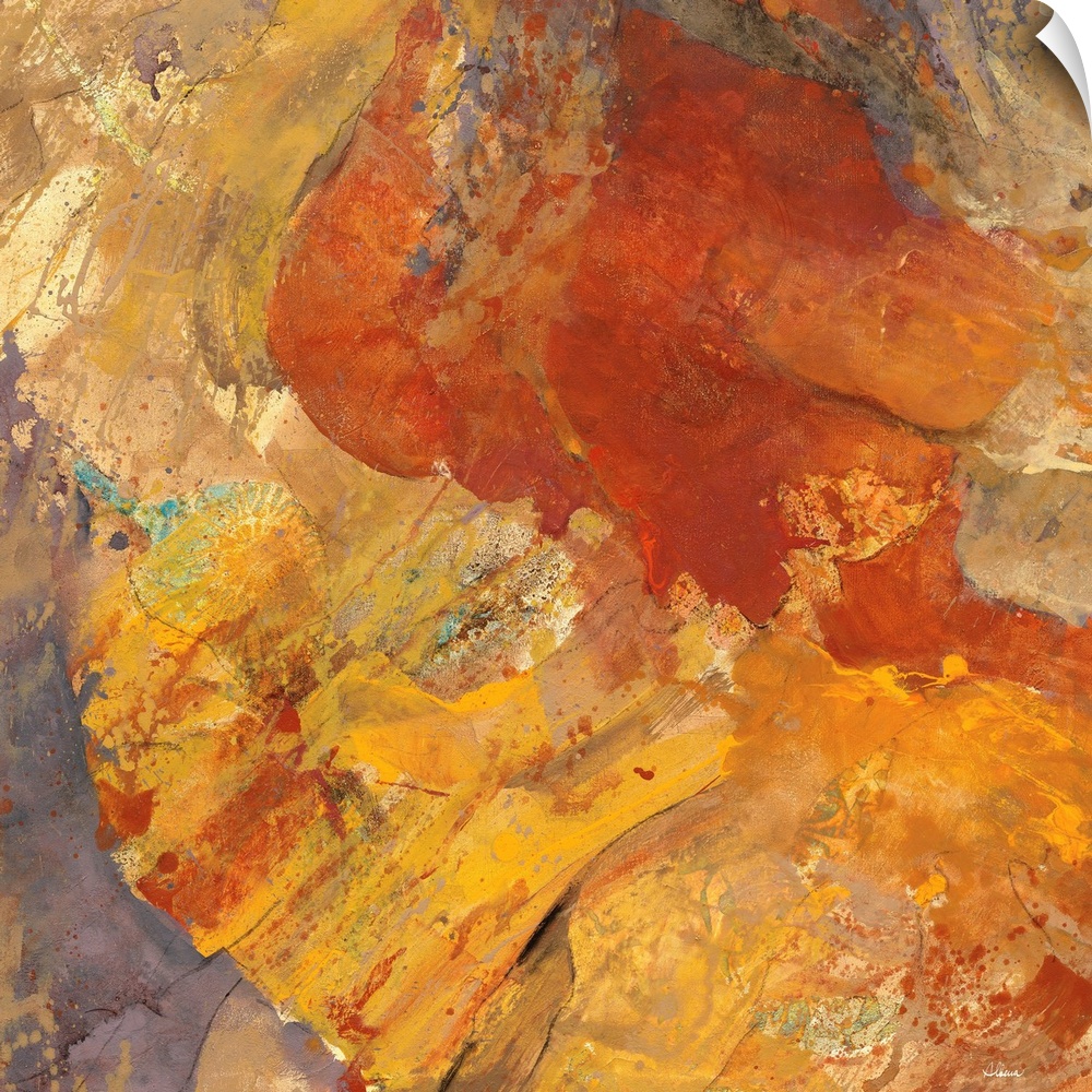 Square abstract painting with brown, orange, cream, and yellow hues resembling a canyon with small hints of blue paint spl...