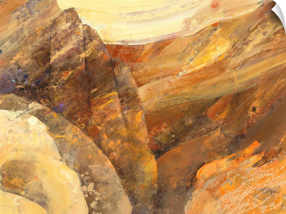 Large abstract painting with brown, orange, cream, and yellow hues resembling a canyon with small hints of purple paint sp...