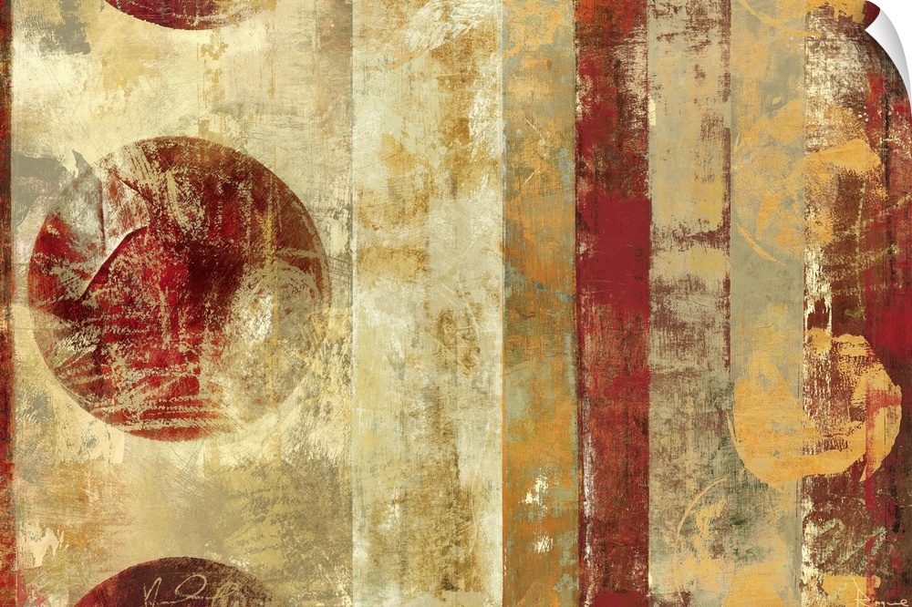 Contemporary abstract image of vertical stripes and distressed circles.