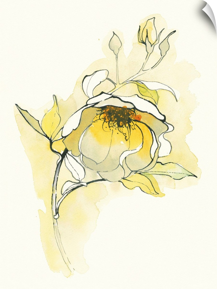 Vertical yellow floral watercolor painting with black pen and ink outlines
