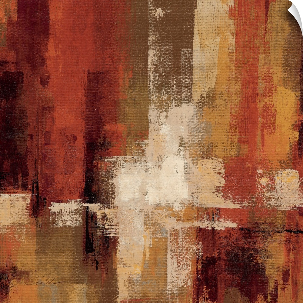 This decorative accent is a square canvas of a contemporary, abstract painting with strong vertical movement.