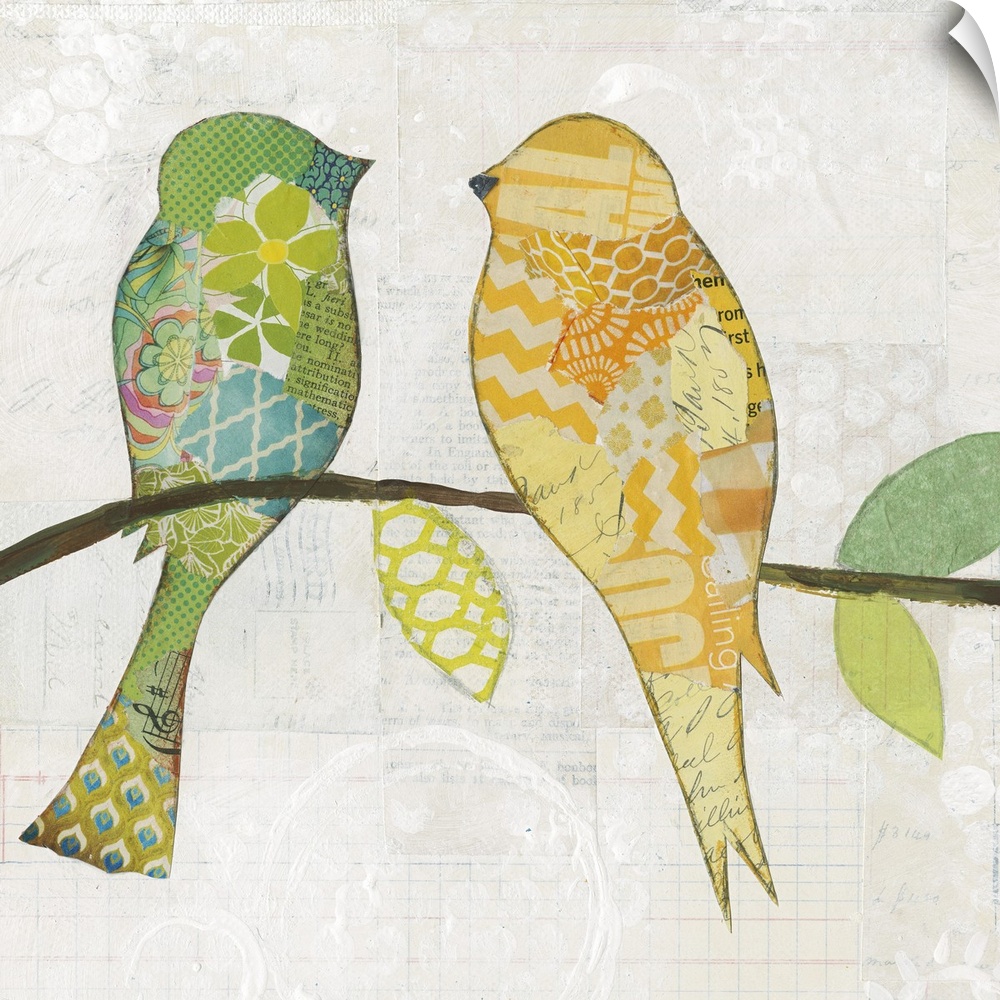 Artwork of two birds silhouettes made from collage clippings perched on a branch against a neutral toned background.