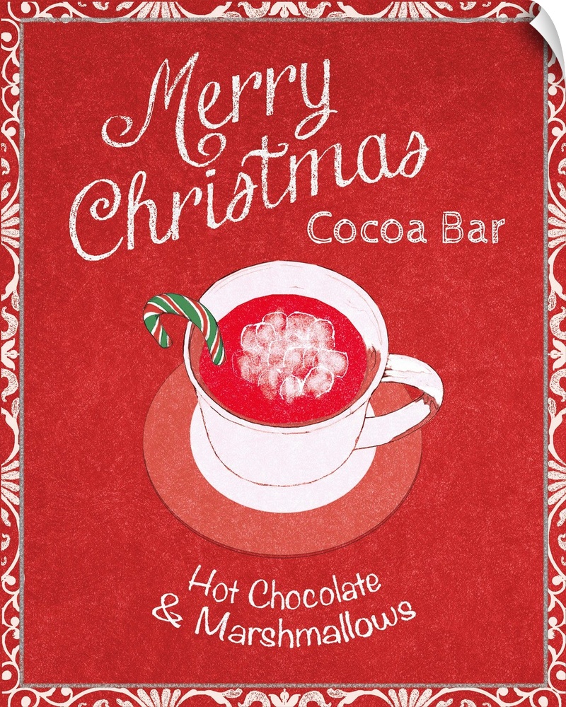 A vertical holiday design of "Merry Christmas Cocoa Bar, Hot Chocolate & Marshmallows" with a white mug on red with a whit...