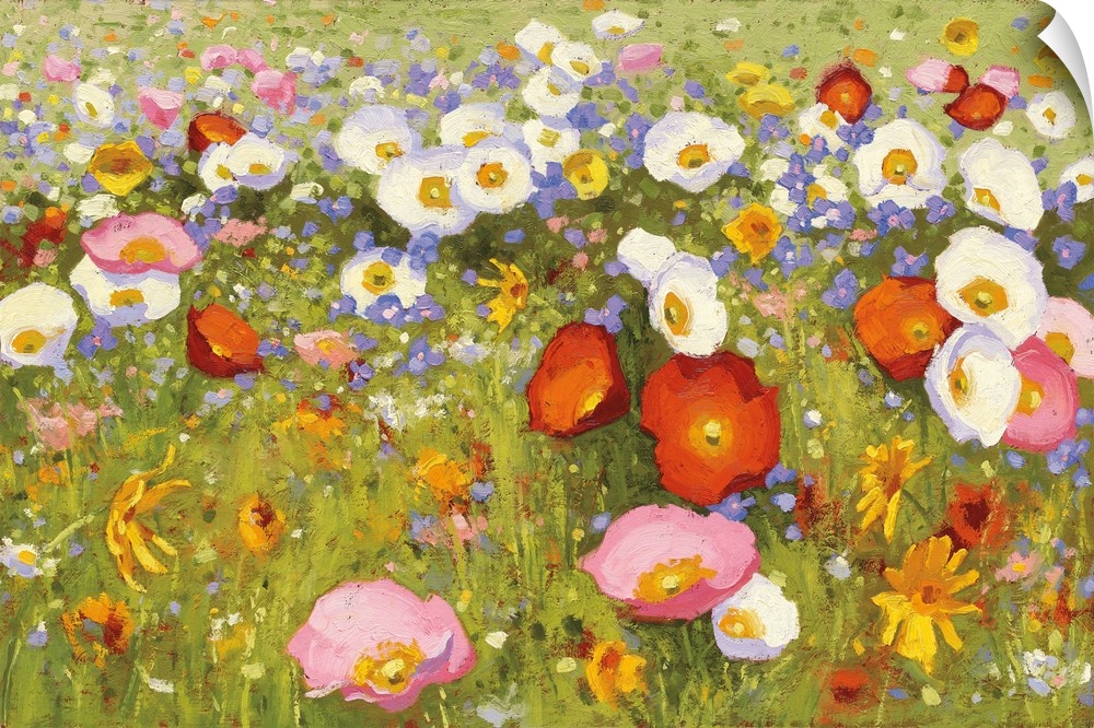 Contemporary artwork of a field of blooming flowers in pink, red, and white.