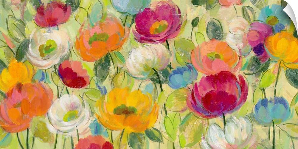 Painting of several colorful flowers in a garden.