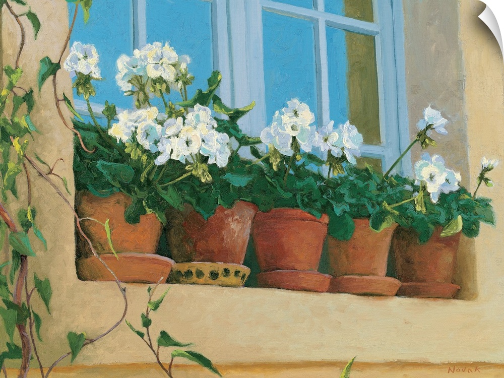 Contemporary painting of potted flowers sitting on a window sill.