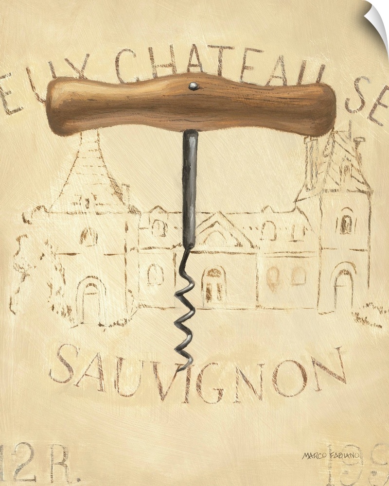 Contemporary artwork of an old fashioned traditional corkscrew against a beige background.