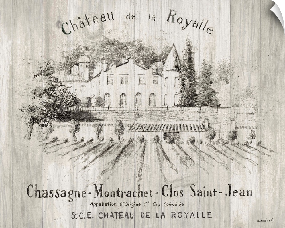 Gray and white sketch of the Chateau Royalle vineyard on wood panels.