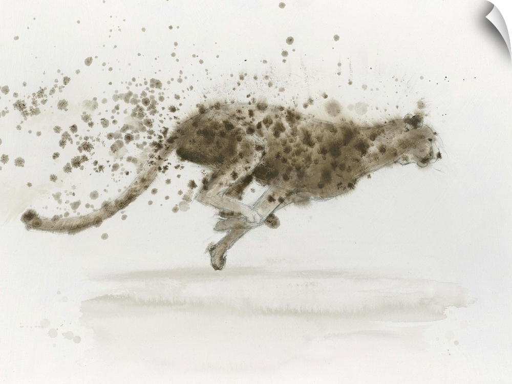Contemporary artwork of a cheetah running with spots from coat coming off.