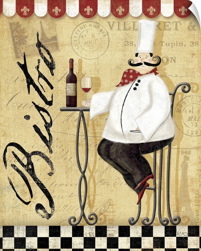 Decorative artwork perfect for the kitchen of a large chef sitting at a tall table with a bottle of wine and glass placed ...