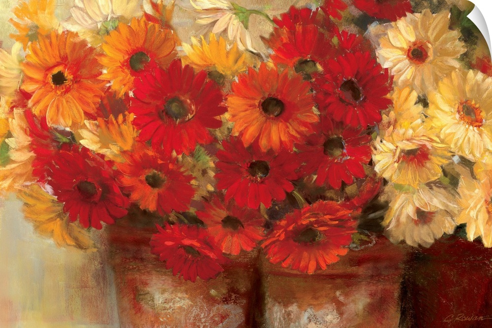 Horizontal still life of daisies growing in terra cotta pots painted in a realistic style.