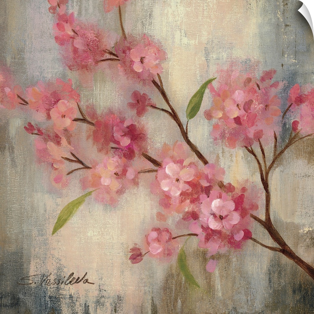 Contemporary painting of pink flowers on a branch, against a weathered and washed background.